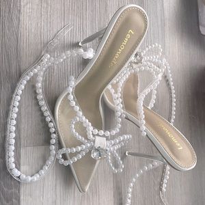 MISS LOLA STRAPPY PEARL HEELS (WHITE)